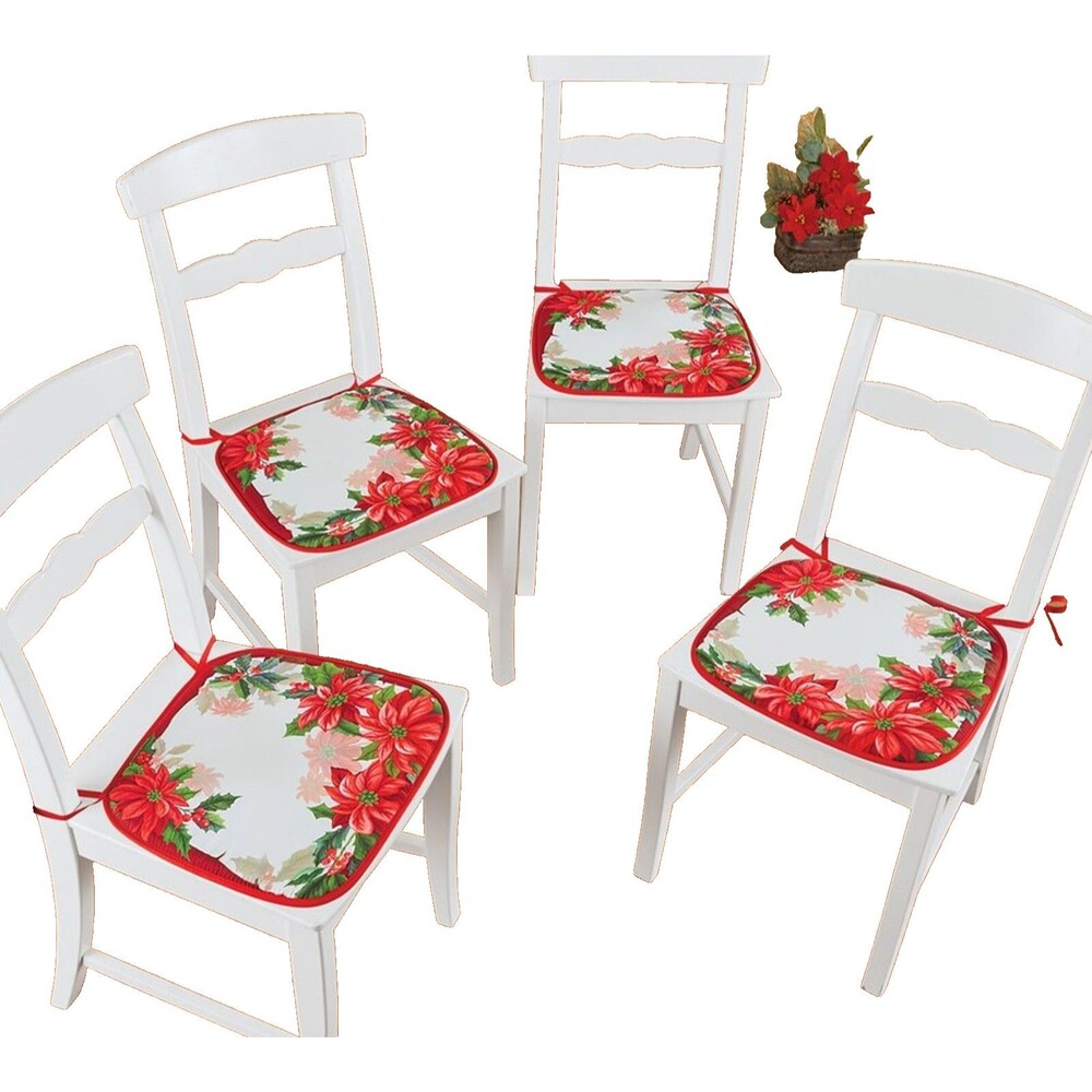 Set of 4 Same Cushion Chair Pads w/ties,15"x15",CHRISTMAS POINSETTIA FLOWERS,CE